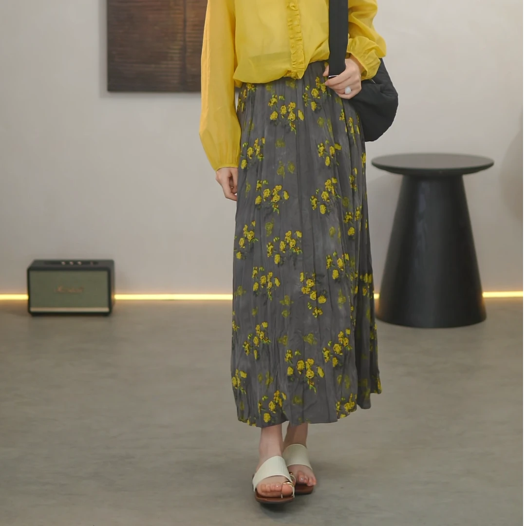 早秋款【黄柳霜】裙子 A版定制渲染柳条皱半裙