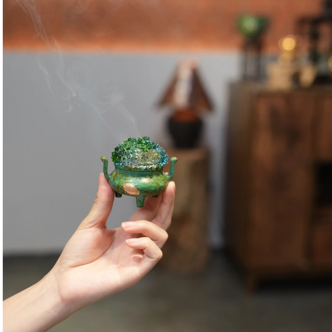 宽窄.纯铜绿色双耳三足金箔琉璃香炉盘香炉茶道零配