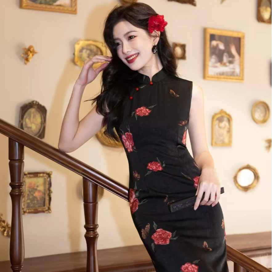 黑色单层提花缎面无袖修身显瘦旗袍连衣裙复古港风新中式气质长款