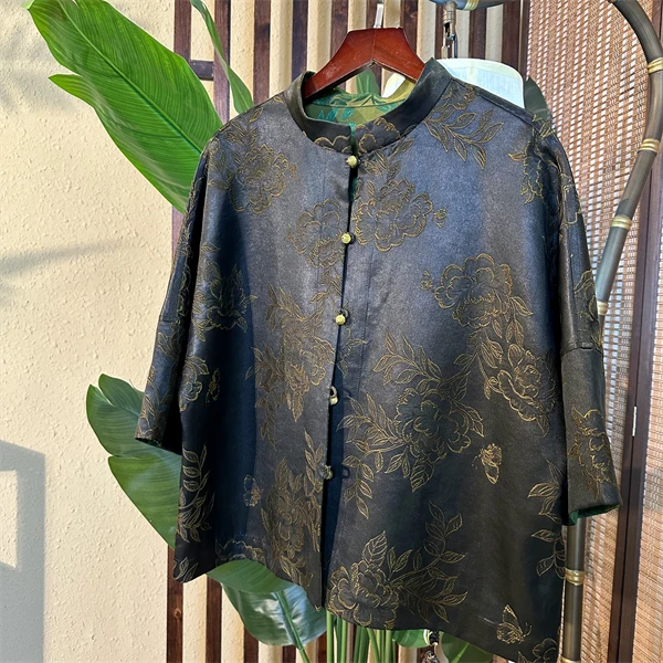 莹 新中式国风 夏季圆领 气质短袖外套58625 油缎织花 黑绿