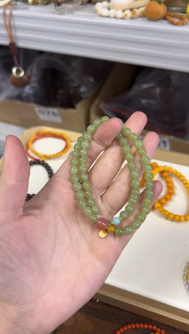 手链银S925镶嵌和田玉和田玉海纹银配件款双圈[1153]