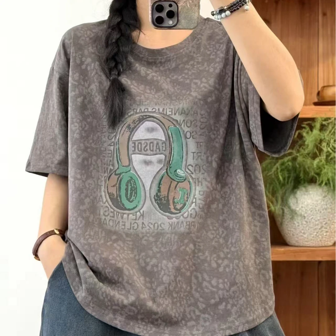 2025年夏季韩版时尚印花圆领短袖夏季宽松舒适百搭雪花棉T恤