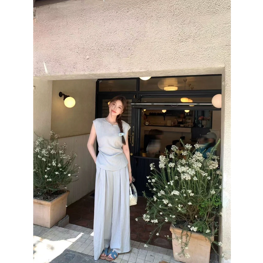 【126】收腰双层宽肩小衫褶皱阔腿裤亚麻套装女2025夏季新款