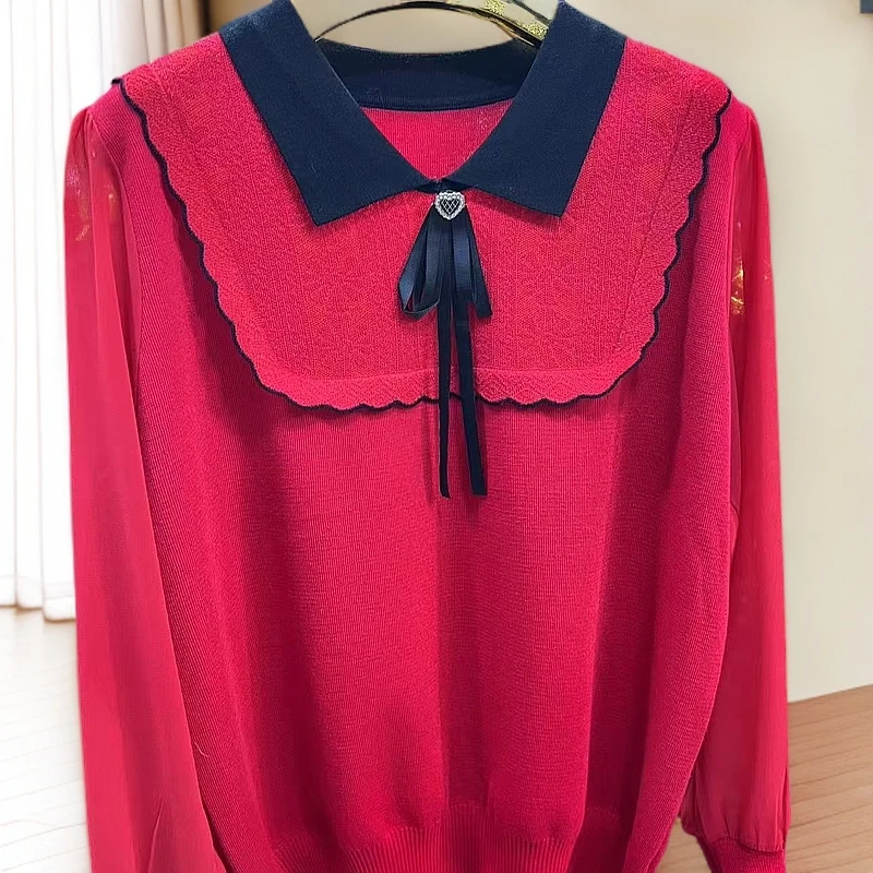 七分袖春季女毛针织衫针织衫均码上衣翻领衬衫红色拼接打底
