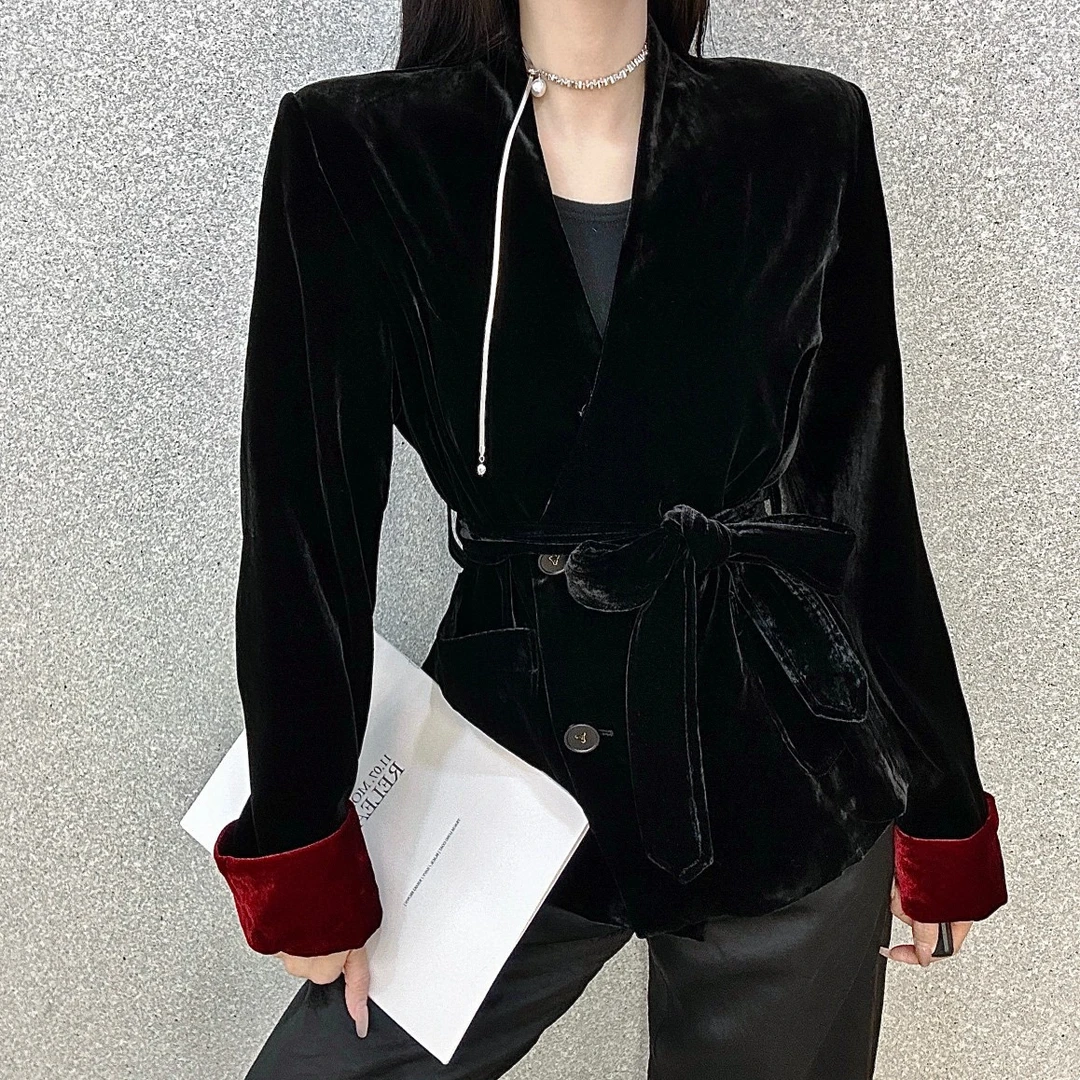 高品质2025百搭高级感气质上衣女士时尚复古桑蚕丝丝绒外套3566