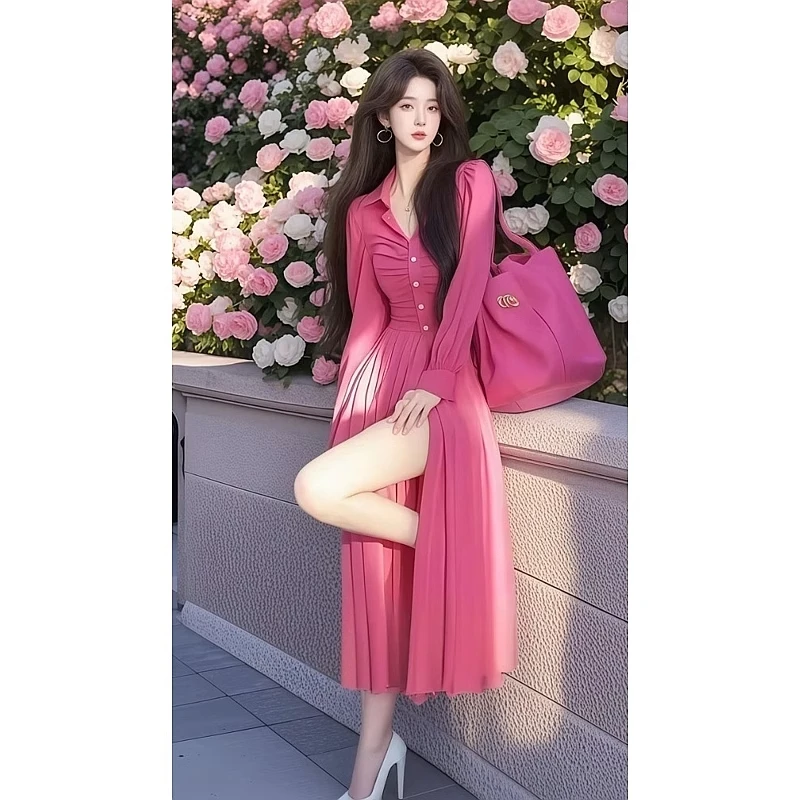 海边度假收腰玫红色长袖连衣裙女2025新款今年流行爆款春季高级感