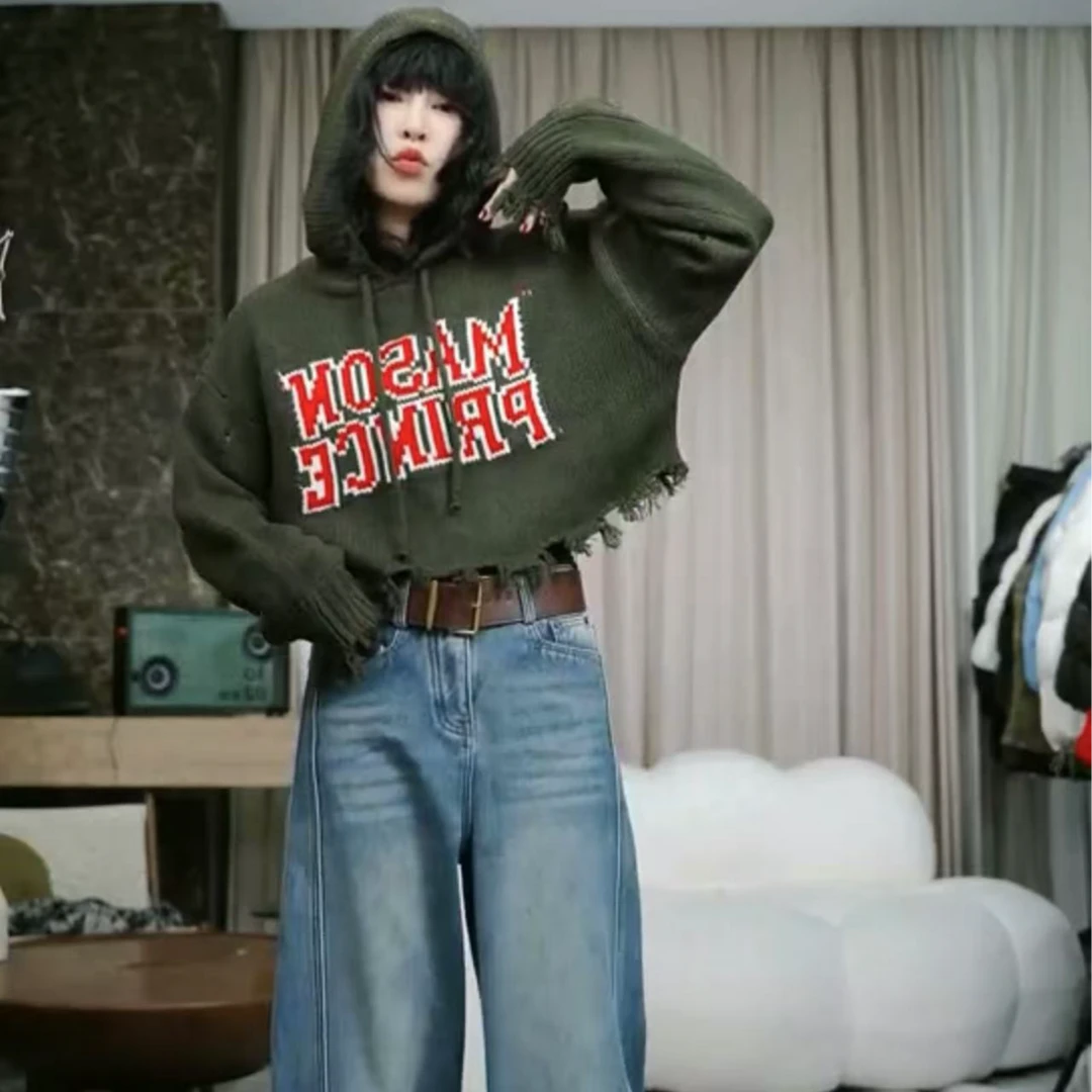 infobyfive冬季小绿字母破烂短短可爱连帽针织毛衣2DL2611