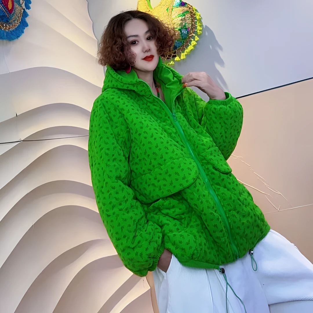 {欧洲站}梦姐同款时尚圆点灯芯绒连帽棉衣