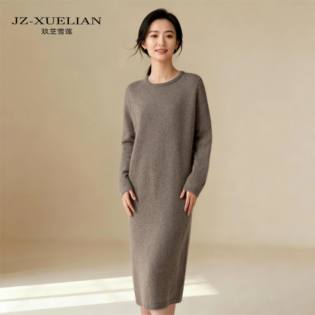 圆领 100% 纯山羊绒连衣裙 软糯宽松秋冬长款针织打底裙