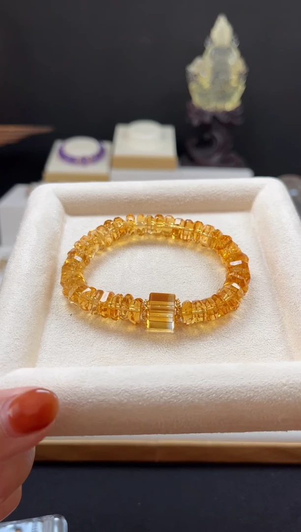 未镶嵌手链黄晶黄****斤天然黄水晶烟花切面设计手串9mm+