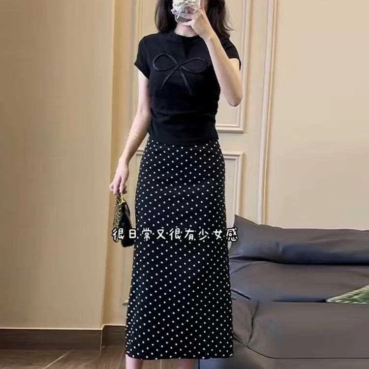 法式高级感波点后开叉半身裙女2024包臀修身显瘦气质中长A字裙