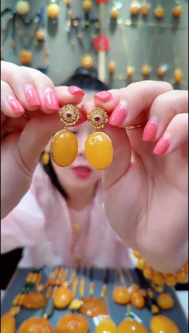 蜜蜡银S925镀金镶嵌珠宝奇石﹣G188蜜蜡耳坠