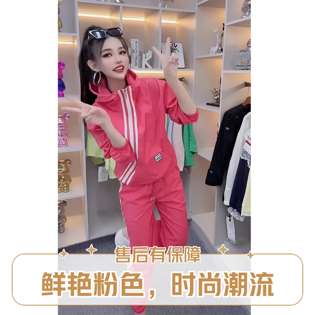 春季新款女休闲运动服连帽斜拉链时尚套装