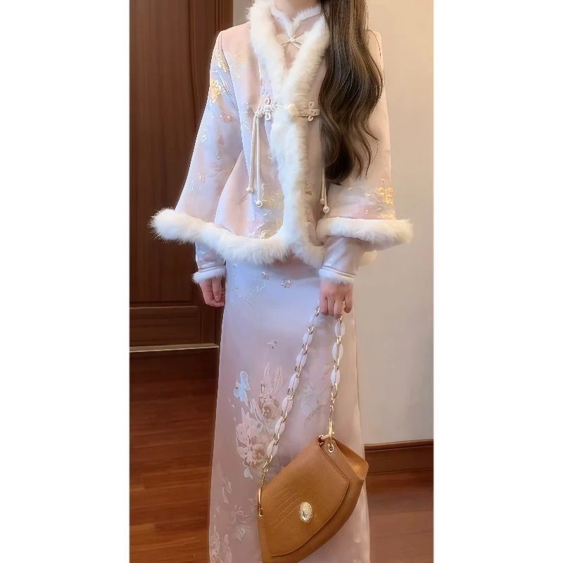 【现货】冬季新中式夹棉短款外套&国风提花改良旗袍连衣裙套装89362