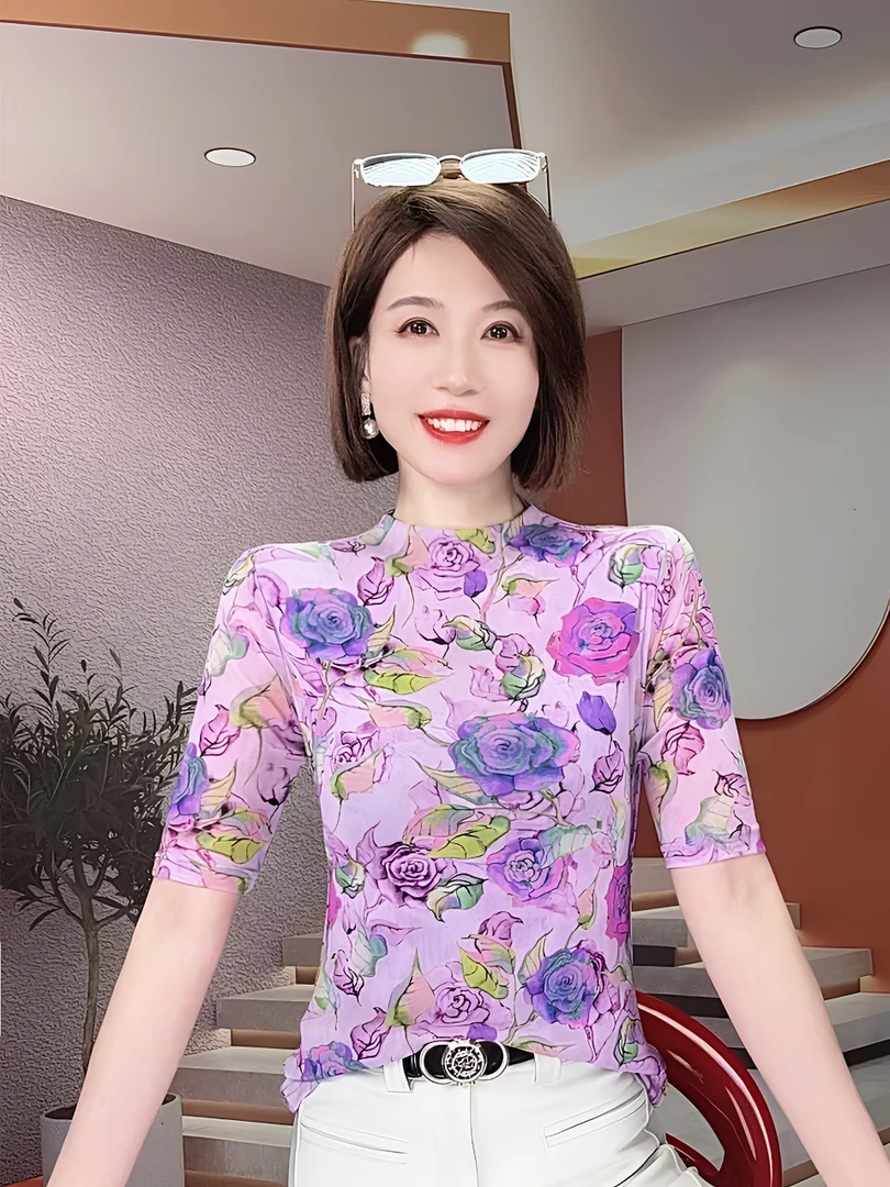 半高领洋气小衫上衣夏季2025新款透气薄款网纱碎花显瘦半袖t恤女