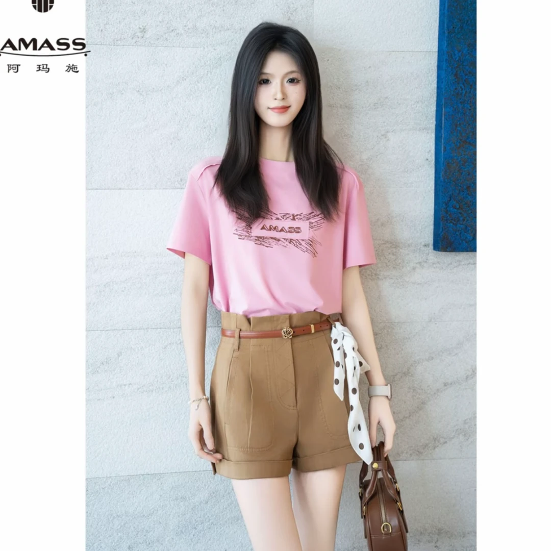AMASS/阿玛施字母圆领丹宁风女士时尚T恤宽松型休闲风潮流530084