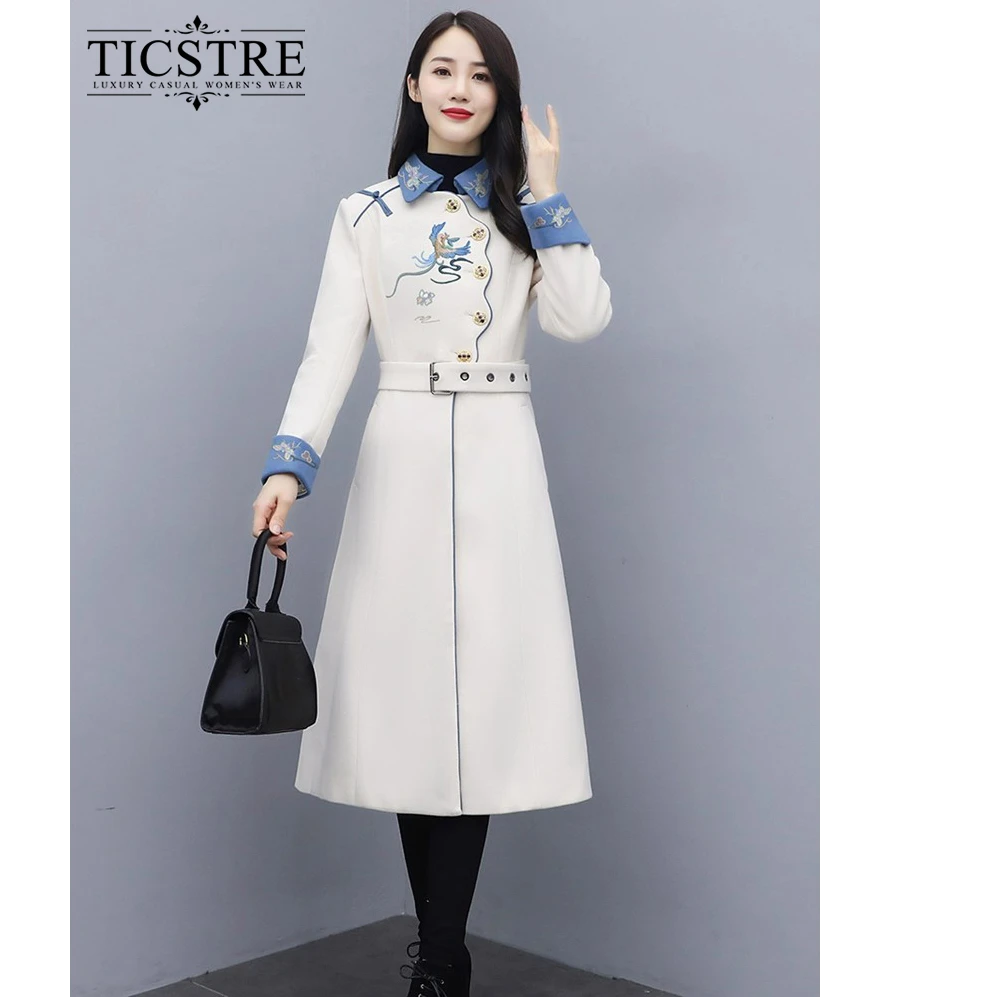 TICSTRE毛呢外套女中长款春秋时尚复古风刺绣收腰显瘦呢子大衣潮