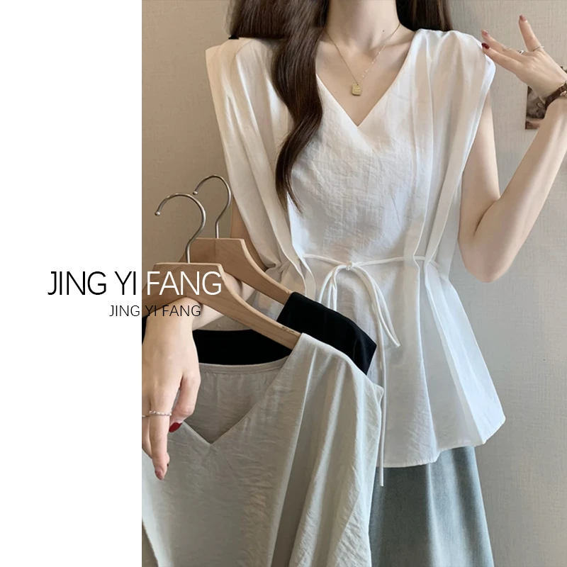 大码胖MM百搭新款设计感V领收腰无袖背心衬衫法式遮肉显瘦气质