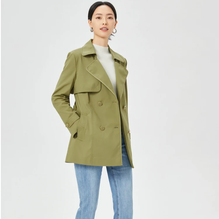 娜尔思橙色气质时尚优雅显瘦双排扣西装领外套风衣NJ00829F2