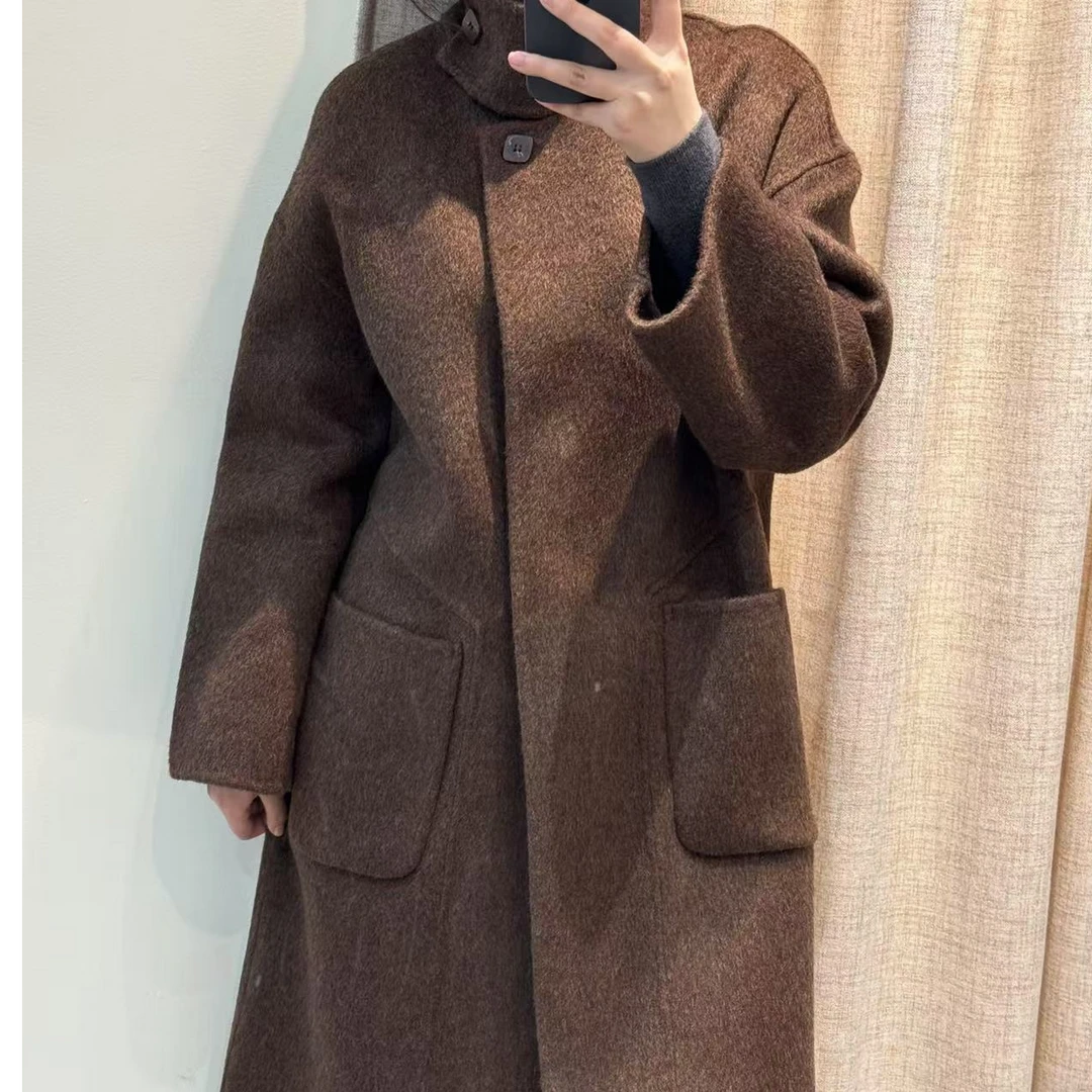 2024燕麦色深咖色立领新款毛呢大衣女士韩版秋冬加厚冬季