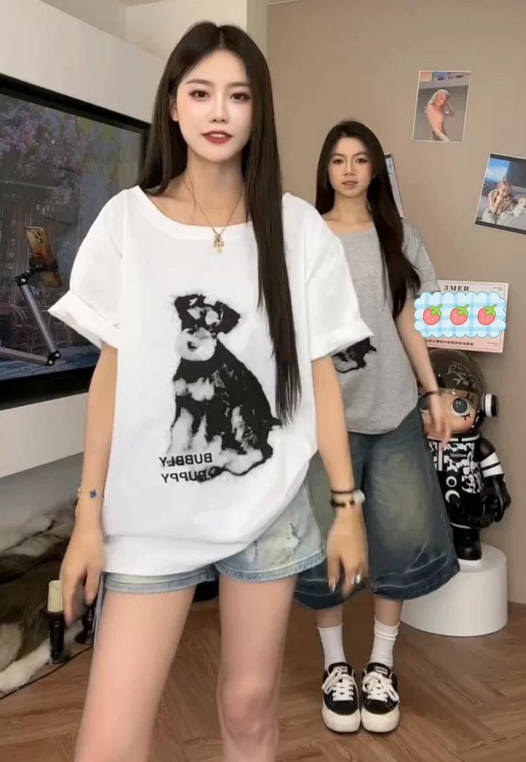 美式慵懒辣妹小狗印花斜肩短袖t恤女夏季新款松 弛感休闲露肩上衣