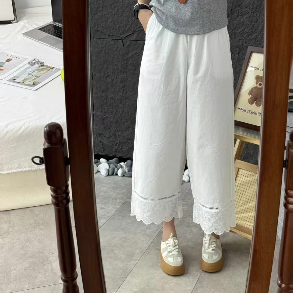 【锦衣服饰】XM 9960法式刺绣镂空花边松紧腰直筒裤