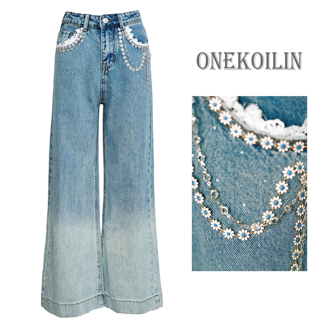 【高高甄选】OneKoilin“雏菊印象”渐变水定制珐琅装饰牛仔裤 CJYX