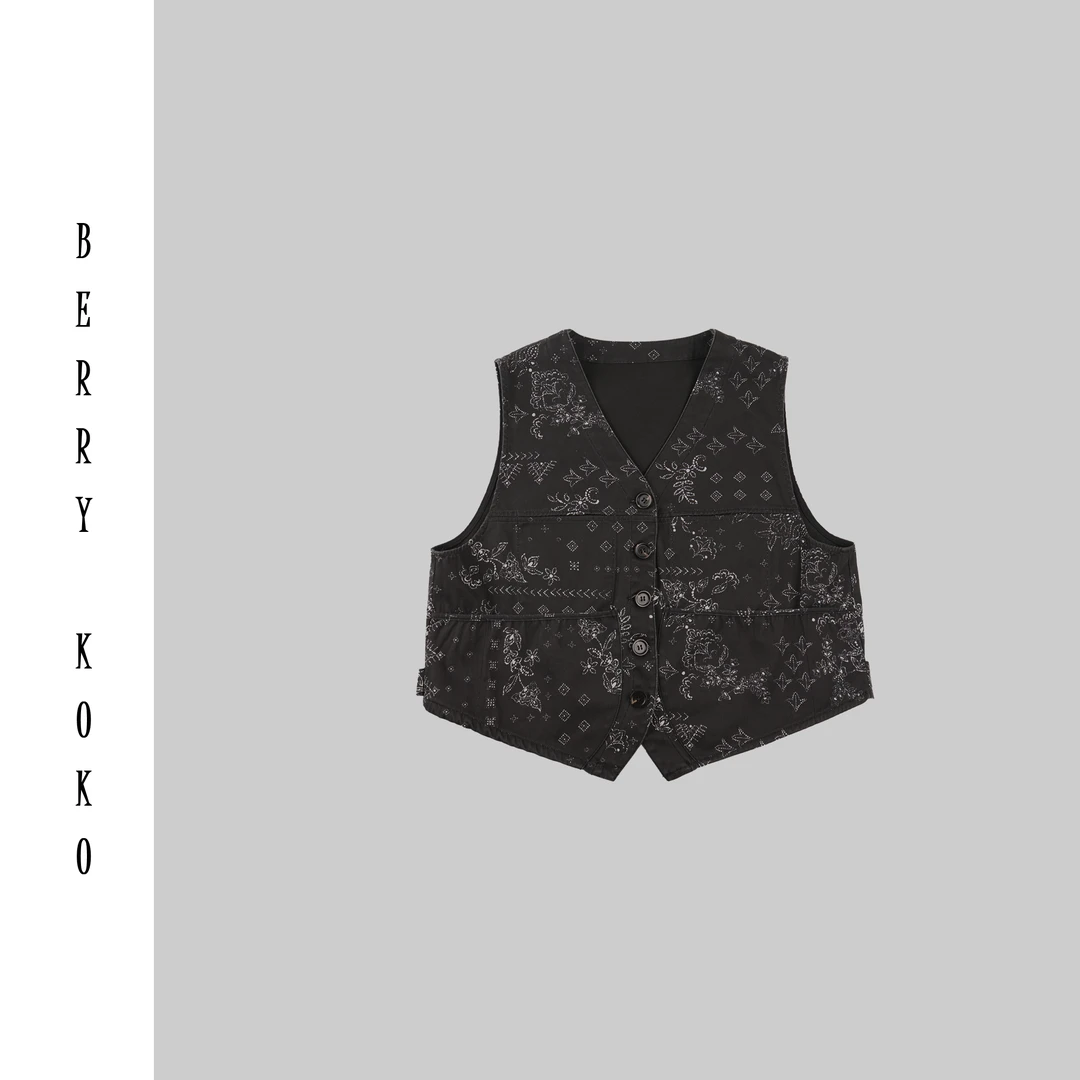 【MISSKO】复古重磅洗水显瘦牛仔时尚无袖设计感印花马甲J03