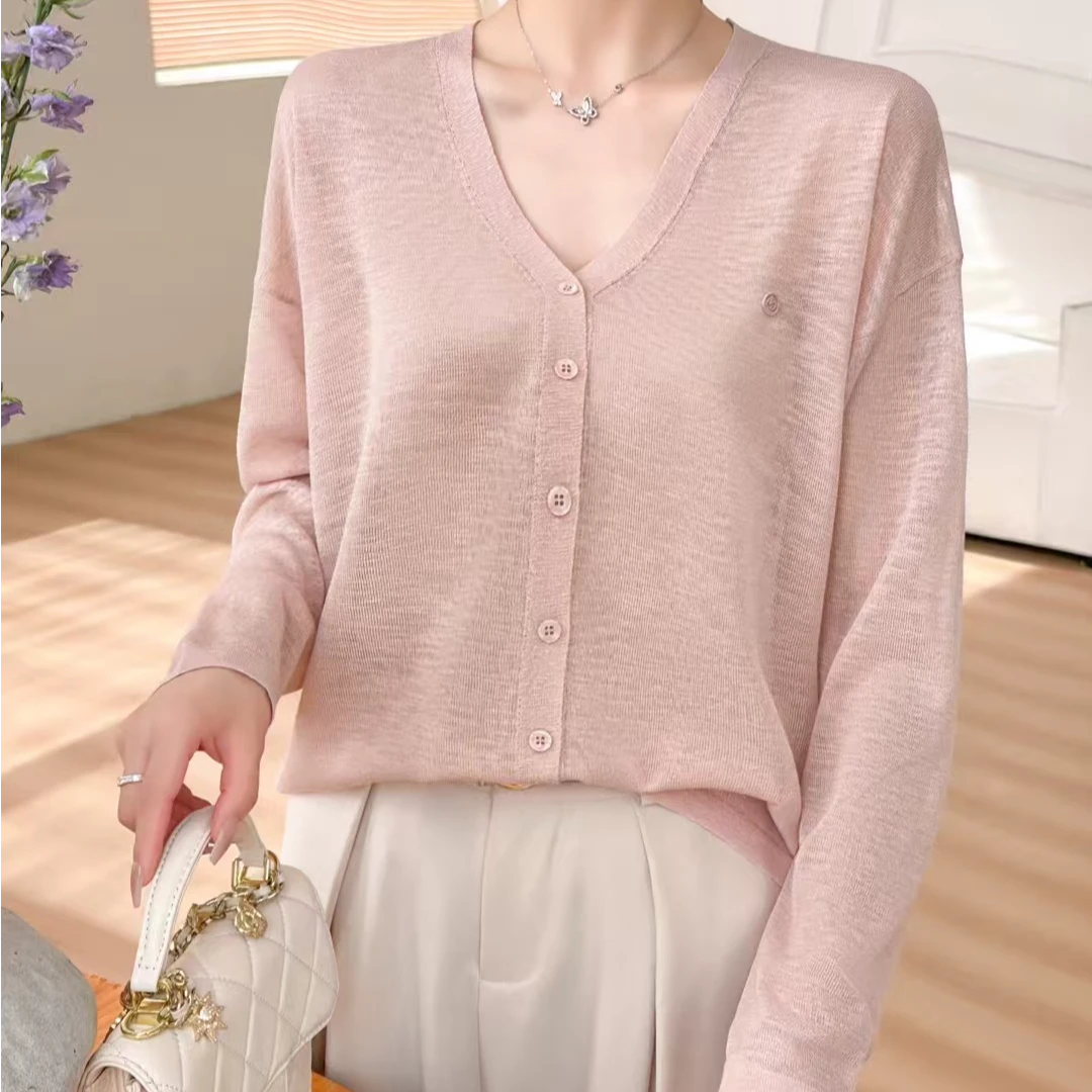 夏季V领针织开衫薄款亚麻防晒披肩长袖空调衫外搭上衣