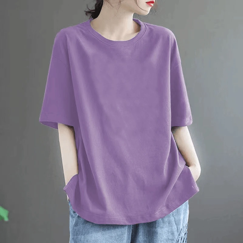 100%棉时尚短袖t恤女夏季宽松遮肚显瘦百搭大码胖mm减龄纯色上衣