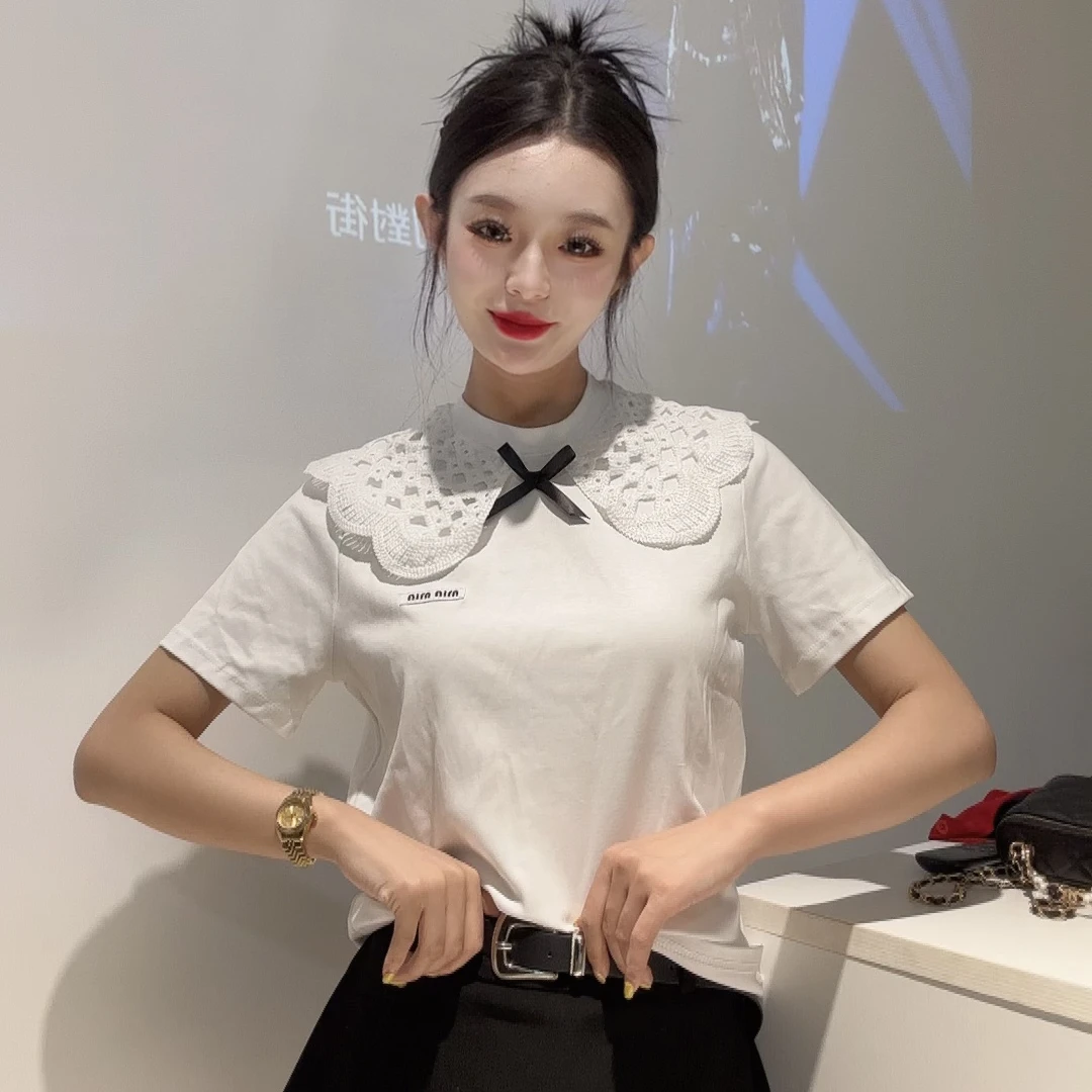 28561韩版减龄miu风花边娃娃领蝴蝶结半袖