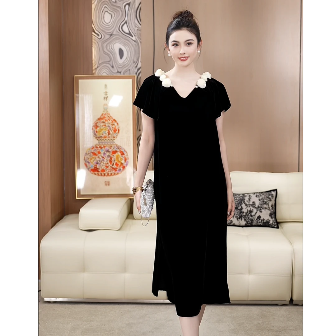 一路生花真丝丝绒气质百搭通勤优雅减龄连衣裙A050746