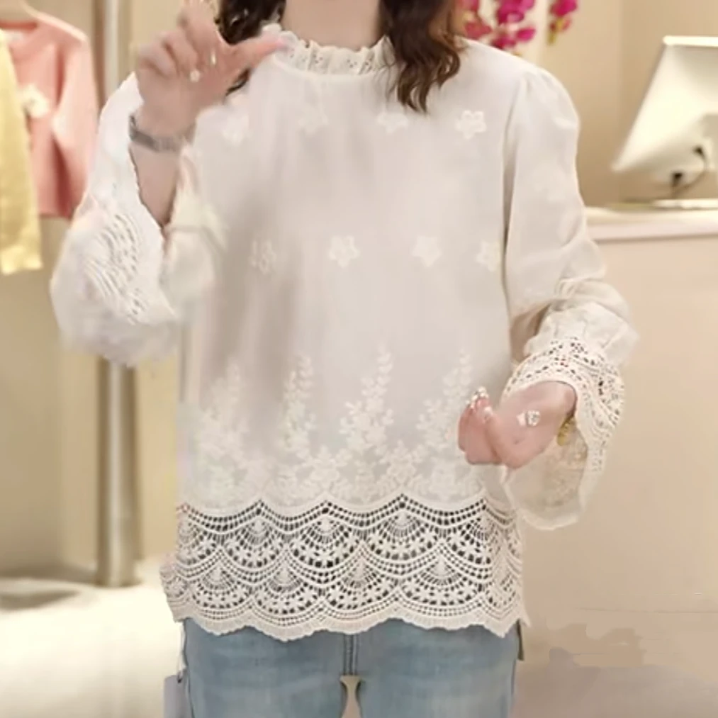 设计感刺绣领精美钩花袖口下摆衬衫女2025春季韩系百搭气质衬衣