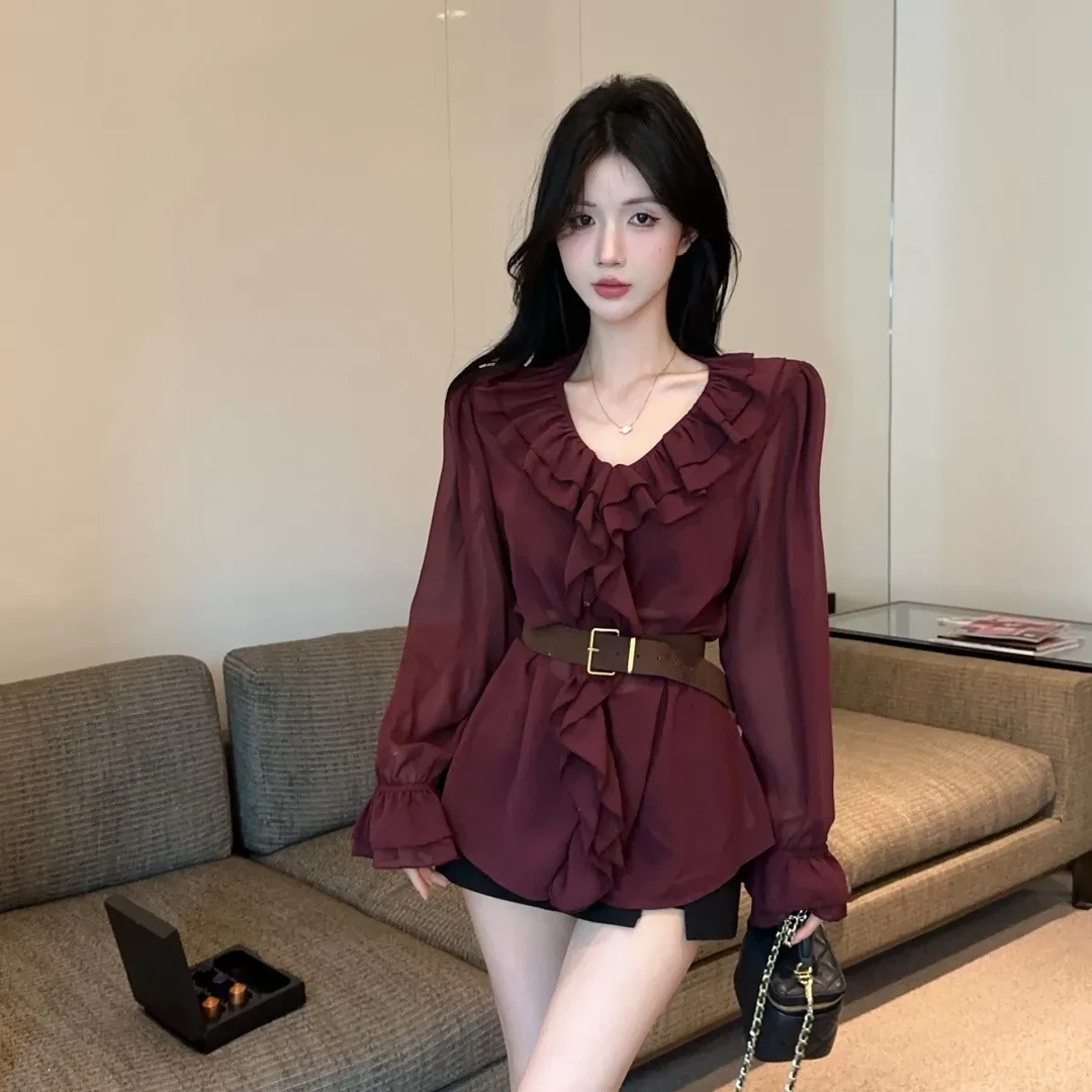 复古紫荷叶边长袖减龄2025早秋新款温柔风显瘦时尚百搭超好看上衣