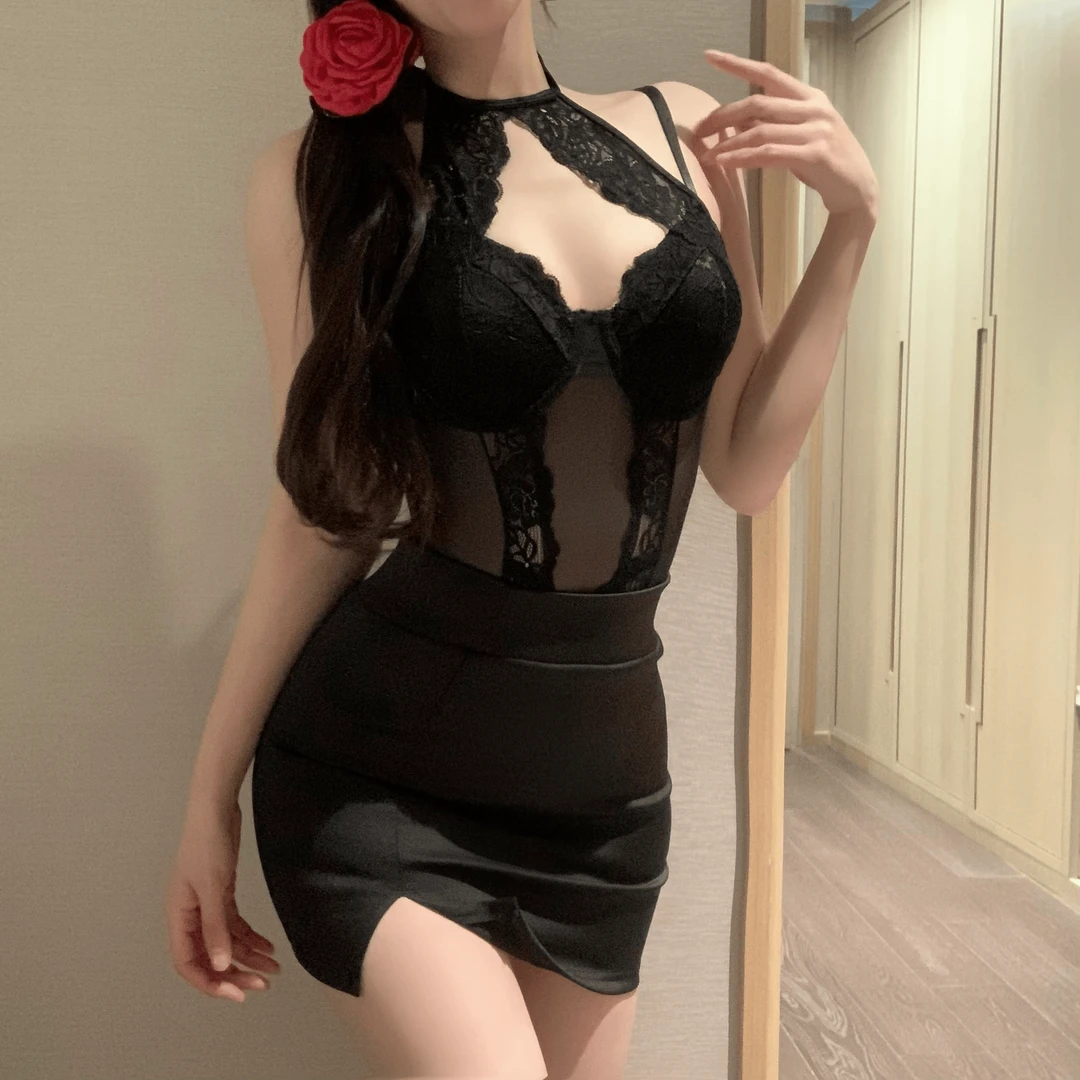 性感镂空蕾丝拼接套脖辣妹风内衬修身塑形连体衣钢圈聚拢小胸显大