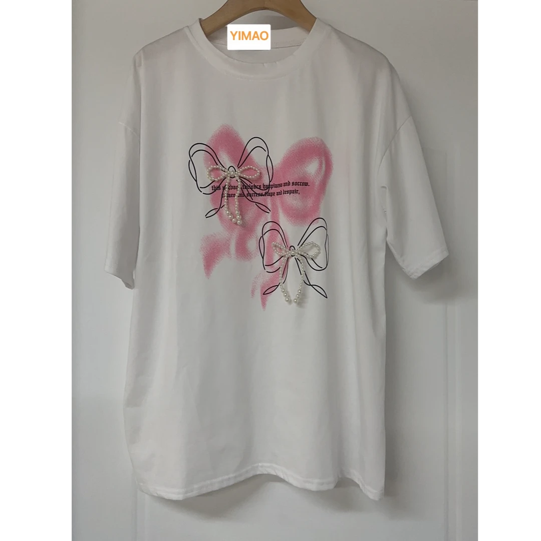 YS422838新款白色重工拼接T恤女休闲夏季韩版蝴蝶上衣宽松显瘦