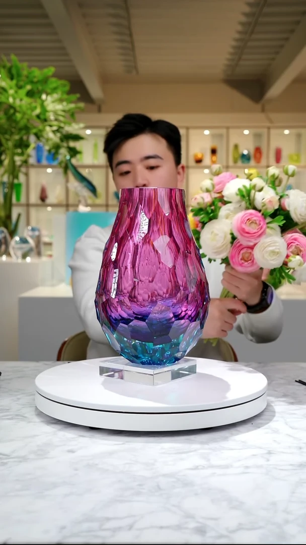 摆件金红蓝凹面水滴瓶设计款花器+大号底座