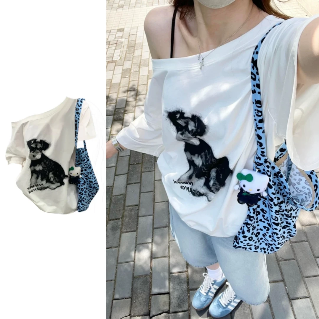 美式复古印花一字肩斜肩短袖T恤女夏季新款宽松显瘦露肩休闲上衣
