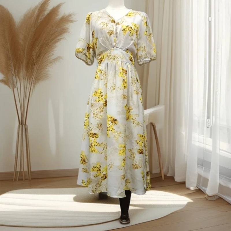 夏季时尚碎花珍珠V领高腰显瘦气质连衣裙S164