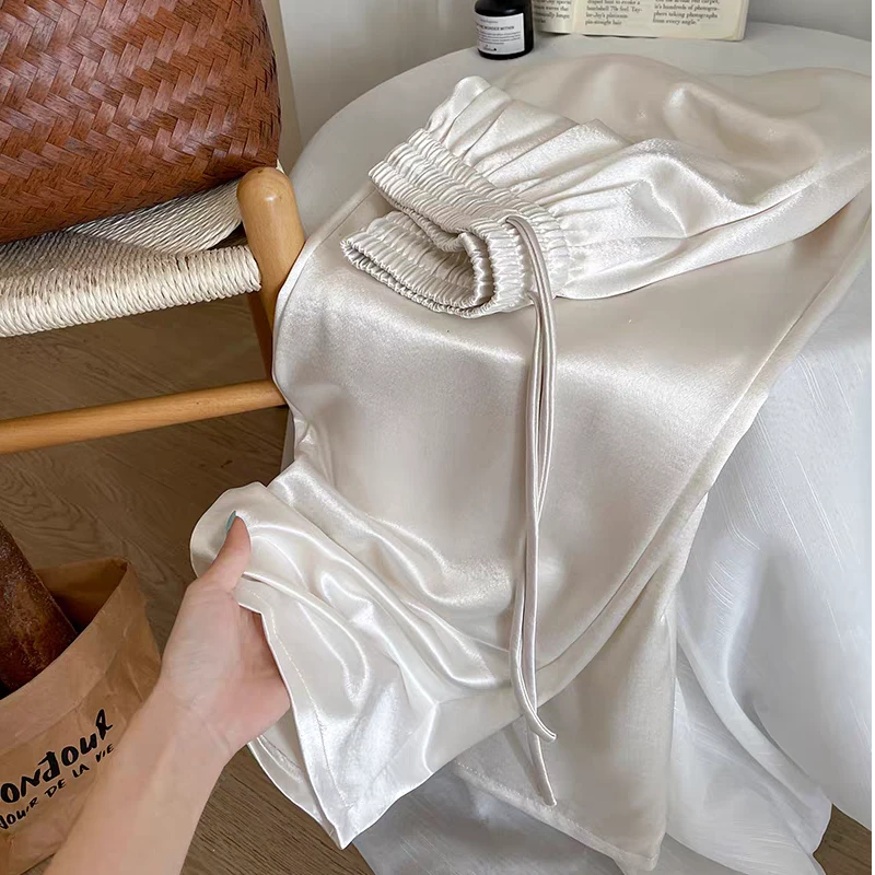 春夏女士高级光感褶皱肌理直筒阔腿裤抽绳松紧腰高腰身百搭气质