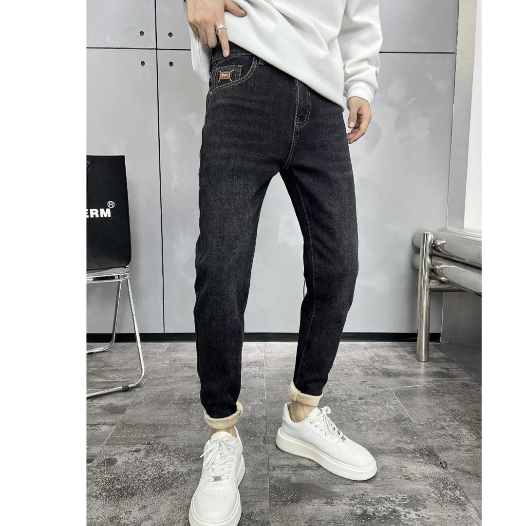 【水晶绒加厚小直筒牛仔裤】冬款潮流时尚百搭弹力水洗长裤-9262