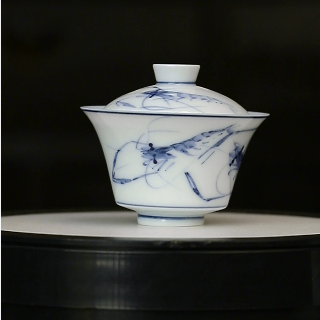 12.28a/萧御画虾/青花虾趣盖碗