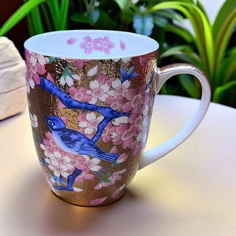 日本进口金龙窑有田烧江口天童手作手绘重金釉下彩樱花鎏金马克杯