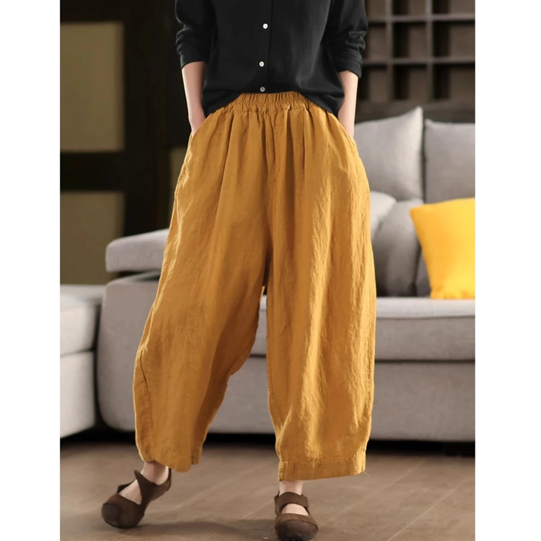 新款洋气阔腿宽松灯笼裤九分裤裤子女宽松夏季薄款亚麻灯笼裤女士