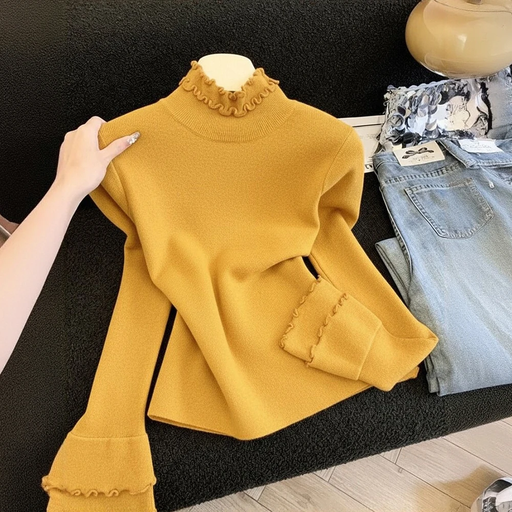 【工厂直销】黄色短款木耳边半高领针织衫女秋冬气质毛衣内搭打底衫