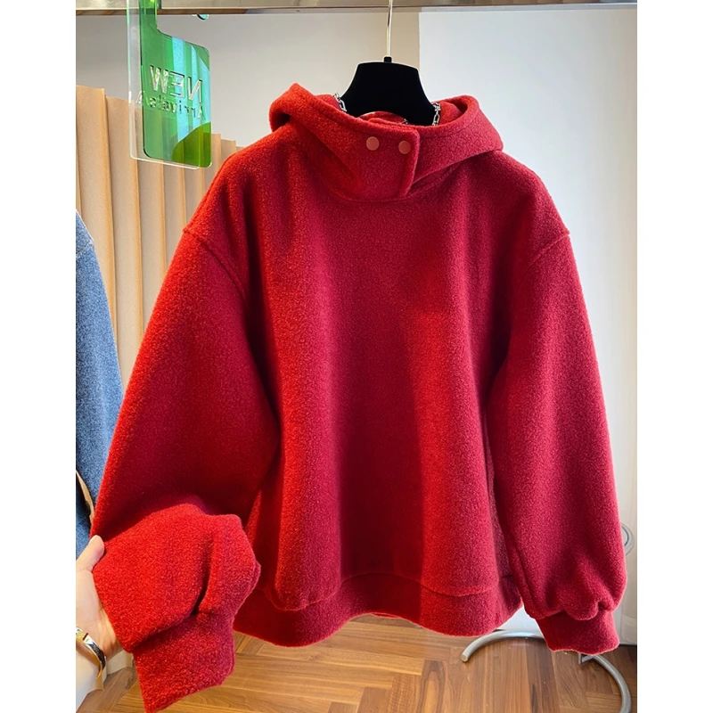 红色毛茸茸的连帽卫衣女秋冬2025新款宽松别致软糯超好看保暖上衣