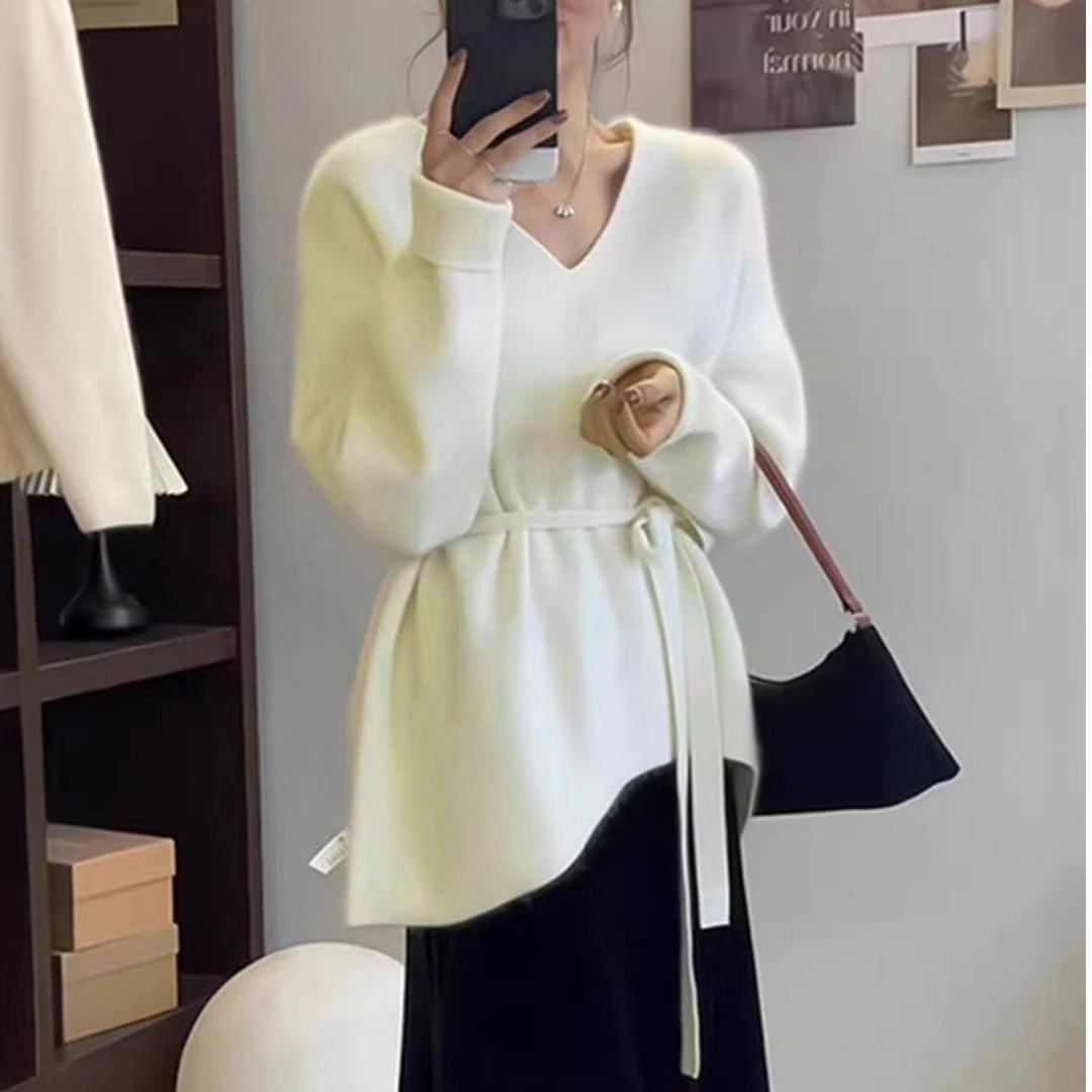 时尚设计感v领针织衫女秋冬新款系带收腰毛衣气质氛围感穿搭上衣