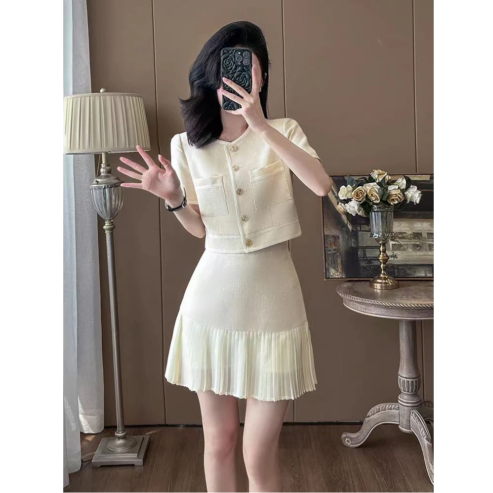 【衣橙】夏季小香风套装裙短款短袖上衣雪纺拼接半身裙两件套女