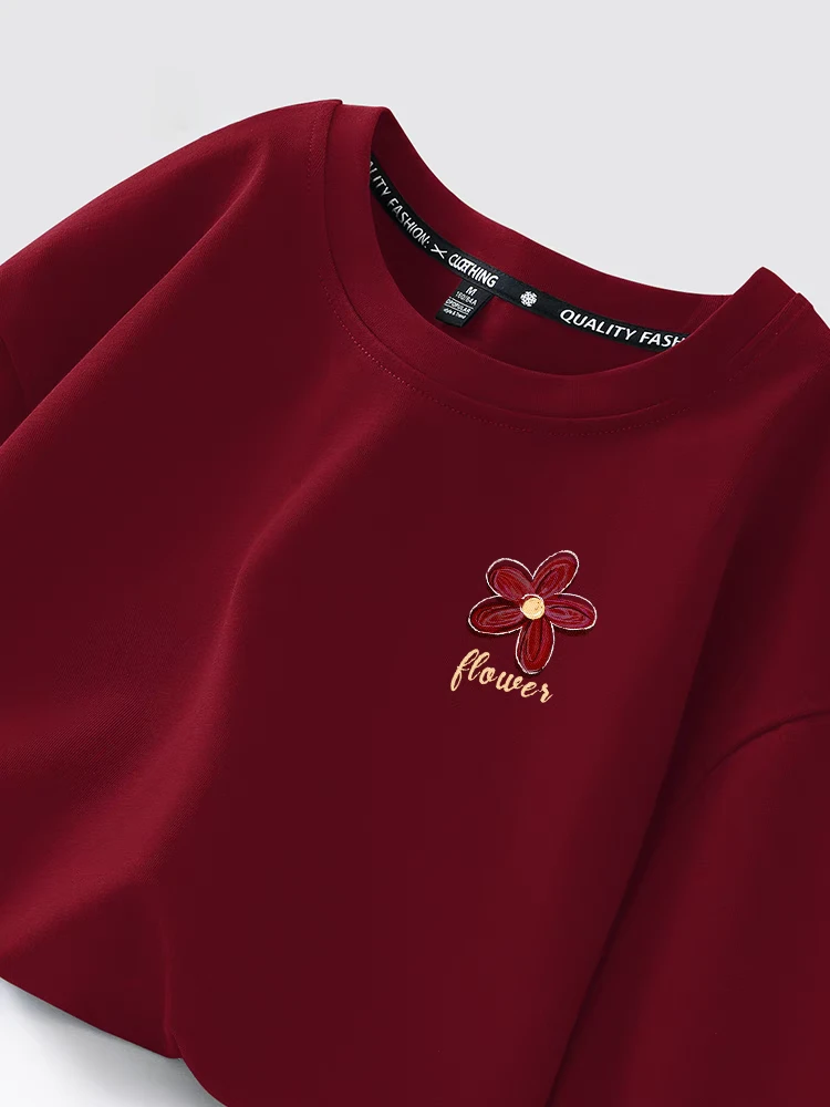 2025新款红色小花透气印花圆领短袖t恤女显瘦高级感短袖上衣 HB-1