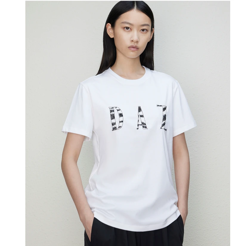 DAZZLE地素奥莱T恤字母绣花钉珠圆领短袖上衣2I3B321